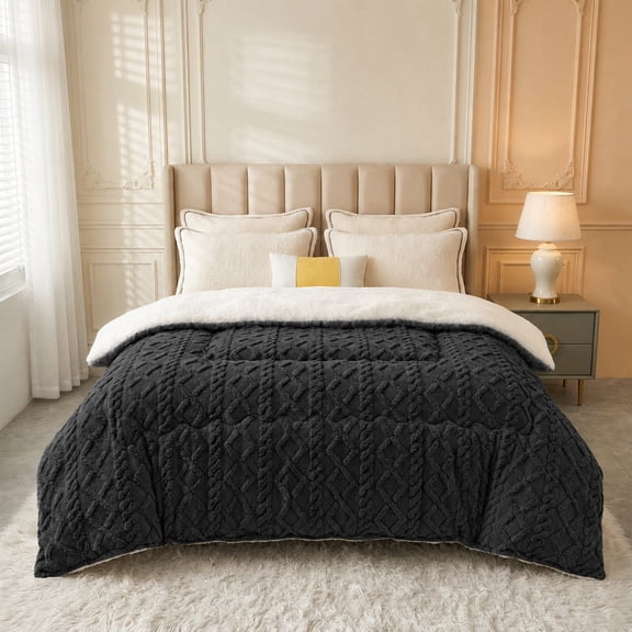 Taffeta Fleece Reversible Comforter, Plush Warm Bed Quilt, Luxury Winter Bedroom Decor Bedding Dark Gray King 104"×90"