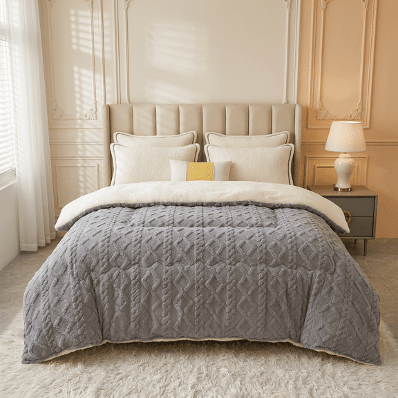 Taffeta Fleece Reversible Comforter, Plush Warm Bed Quilt, Luxury Winter Bedroom Decor Bedding Gray Twin 68"×90"