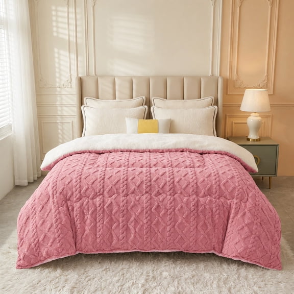 Taffeta Fleece Reversible Comforter, Plush Warm Bed Quilt, Luxury Winter Bedroom Decor Bedding Pink Twin 68"×90"