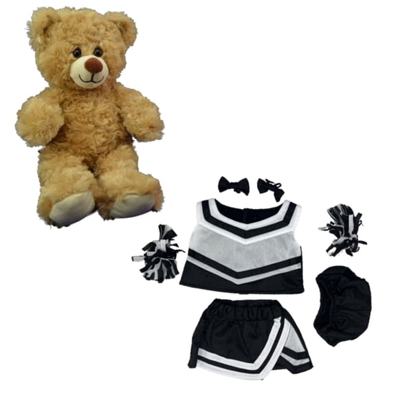 Taffy the Bear 8-Inch Stuffed Toy in Black and White Cheerleader Outfit - Complete with Top, Skirt, and 2 Pom Poms - Perfect Cheerleading Plush Toy for Children