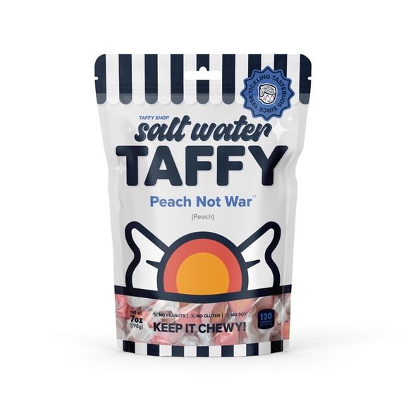 Taffy Shop Peach Not War, Peach Salt Water Taffy – Assorted Gourmet Candy Variety Pack, Bulk Sweet Snack, Fresh & Gluten-Free, 30 Individually Wrapped Pieces (7oz)