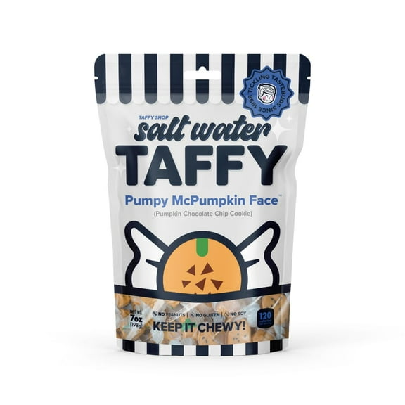 Taffy Shop Pumpy McPumpkin Face, Pumpkin Chocolate Chip Cookie Salt Water Taffy Assorted Gourmet Candy Variety Pack, Bulk Sweet Snack, Fresh & Gluten-Free, 30 Individually Wrapped Pieces (7oz)