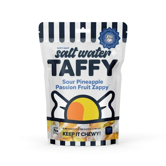 Taffy Shop Sour Pineapple Passionfruit Zappy Salt Water Taffy Assorted Gourmet Candy Variety Pack, Bulk Sweet Snack, Fresh & Gluten-Free, 65 Individually Wrapped Pieces (32oz)