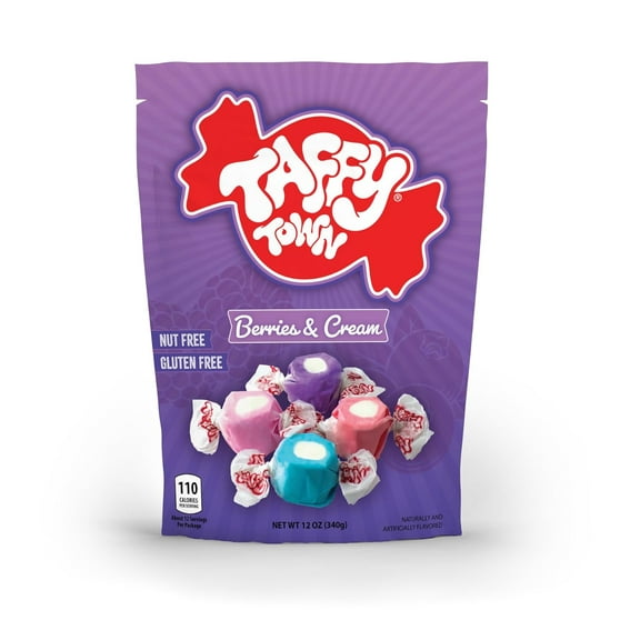 Taffy Town Saltwater Taffy - Berries & Creme | Gourmet | Nougat-Style Candy| Soft & Delicious| Sumer Snack Treats| Party Good Candies | 12 Ounce