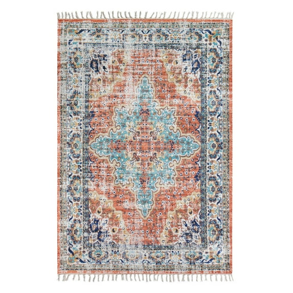 Taftan Orange/Blue Distressed Oriental Boho Poly-Cotton Area Rug with Tassel