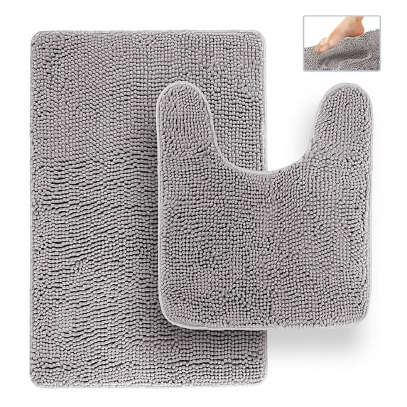 Tafts THIQQ Memory Foam Bathroom Rugs and Mats Sets, Ultra Soft Chenille Microfiber, Absorbent Non-Slip Machine Washable Shaggy Rugs, Bath Mat for Bathroom, Shower & Tub, Light Grey