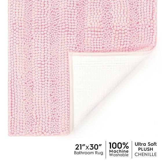 Tafts Ultra Soft Luxury Striped Bath Mat, Bathroom Rugs, Chenille Microfiber, Absorbent Non-Slip Machine Washable, Bathroom Decor, Super Plush Bath Mats for Bathroom, Room Decor, Light Pink
