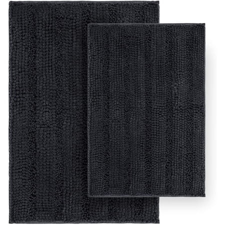 Tafts Ultra Soft Luxury Striped Bath Mat, Bathroom Rugs, Chenille Microfiber, Absorbent Non-Slip Machine Washable, Bathroom Decor, Super Plush Bath Mats for Bathroom, Room Decor, Midnight Black