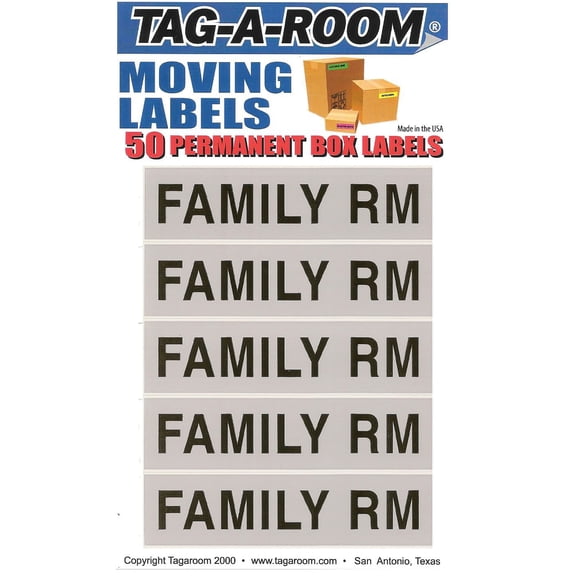 Tag-A-Room Moving Box Labels Stickers Family Room, Permanent Adhesive 50 Count