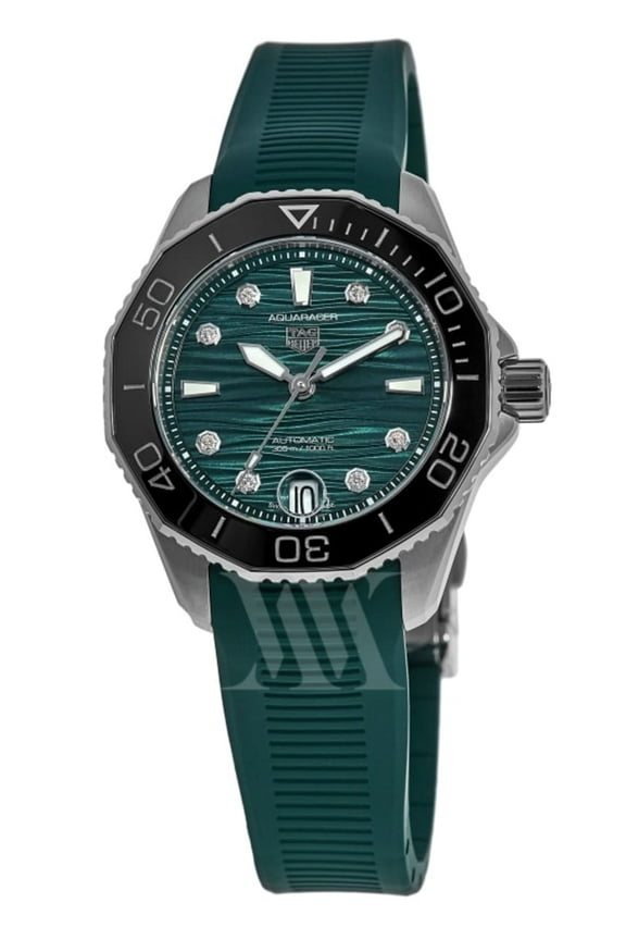 Aquaracer Professional 300 Date Green Diamond Dial Rubber Strap Women's Watch WBP231G.FT6226
