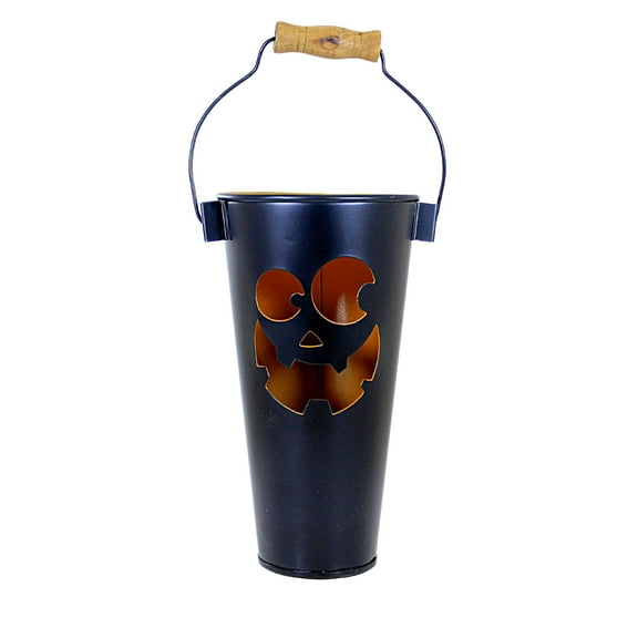 Tag Jack-O-Lantern Candle Bucket - One Candle Holder 14 Inch, Metal - Pumpkin Face G17412