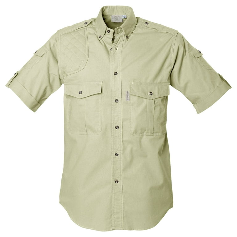 Tag Safari Shooter Shirt for Men Short Sleeve, 100% Cotton, Sun Protection  for Outdoor Adventures (Stone, Large) 