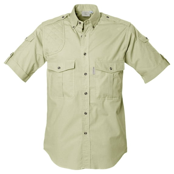 Tag Safari Shooter Shirt for Men Short Sleeve, 100% Cotton, Sun Protection for Outdoor Adventures (Stone, Small)