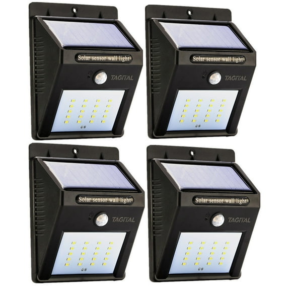 Tagital 20 LED 320lm Outdoor LED Solar Motion Sensor Lights, Wireless Outdoor Wall Lights, Black, Pack of 4