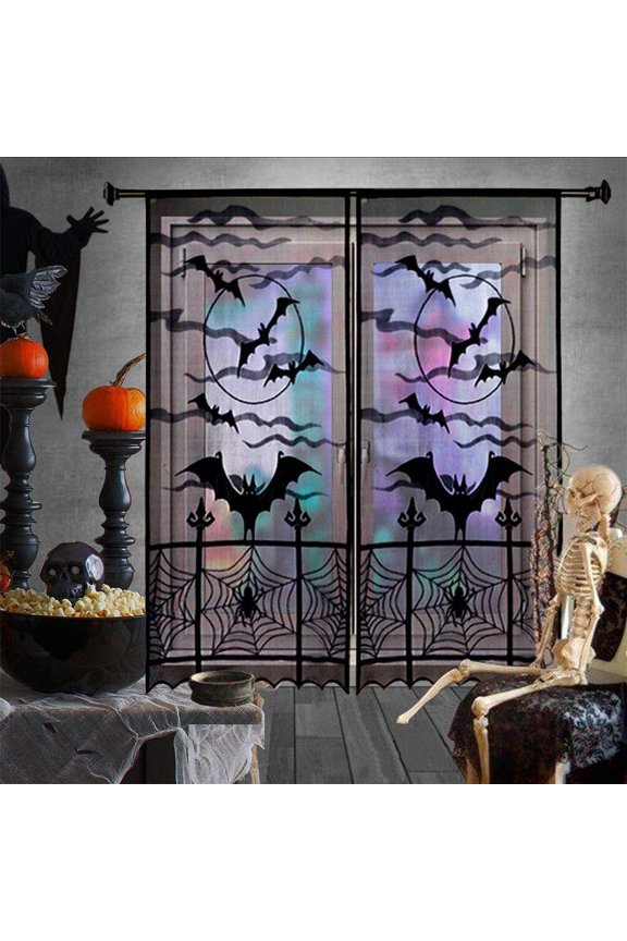 Halloween Black Lace Window Curtain,Halloween Spider Web Bats Door Curtain 40 x 84 inch for Spooky Halloween Holiday Party Decoration 2PCS