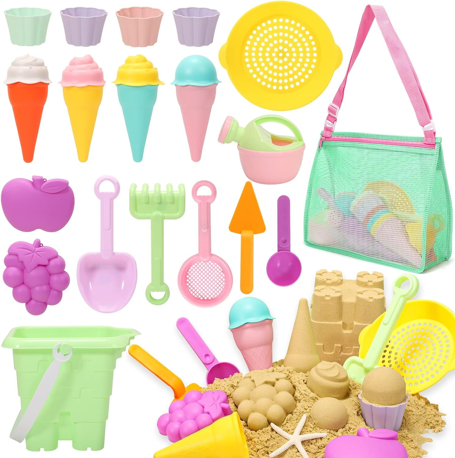 Tagitary Beach Sand Toys for Kids, Beach Toys 23PCS Set with Ice Cream Cake Sand Molds,Toddler Sandbox, Beach Travel