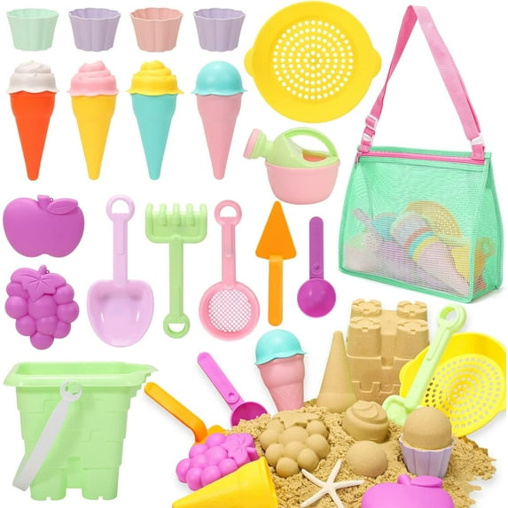 Tagitary Beach Sand Toys for Kids, Beach Toys 23PCS Set with Ice Cream Cake Sand Molds,Toddler Sandbox, Beach Travel