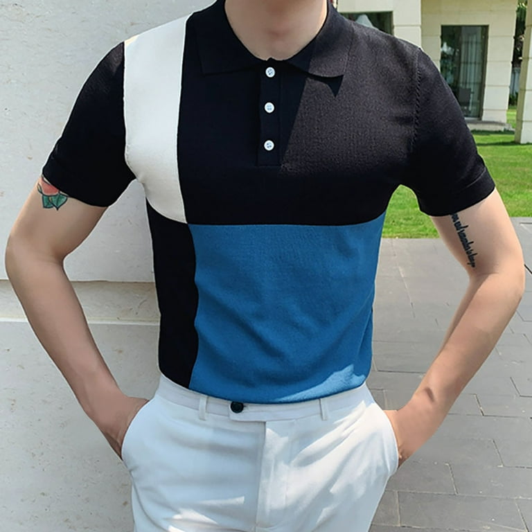 Tagold Fall Polo Shirts for Men Knit Button Up Activewear Polos Men s Casual Short Sleeve Stitching Lapel Colorblock Breathable Quickly Dry Shirts