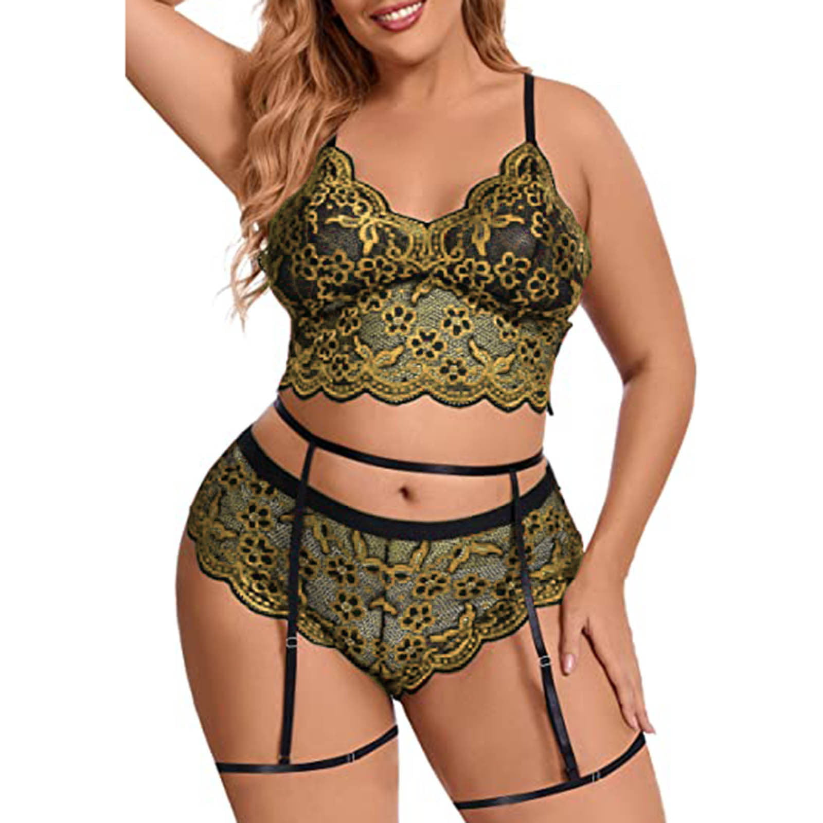 Tagold Womens Plus Size Sexy lingerie,Plus Size Sexy Women Lace Hollow Out  Babydoll Underwear Sleepwear Intimates Thong With Garter Panty Lingerie Set  