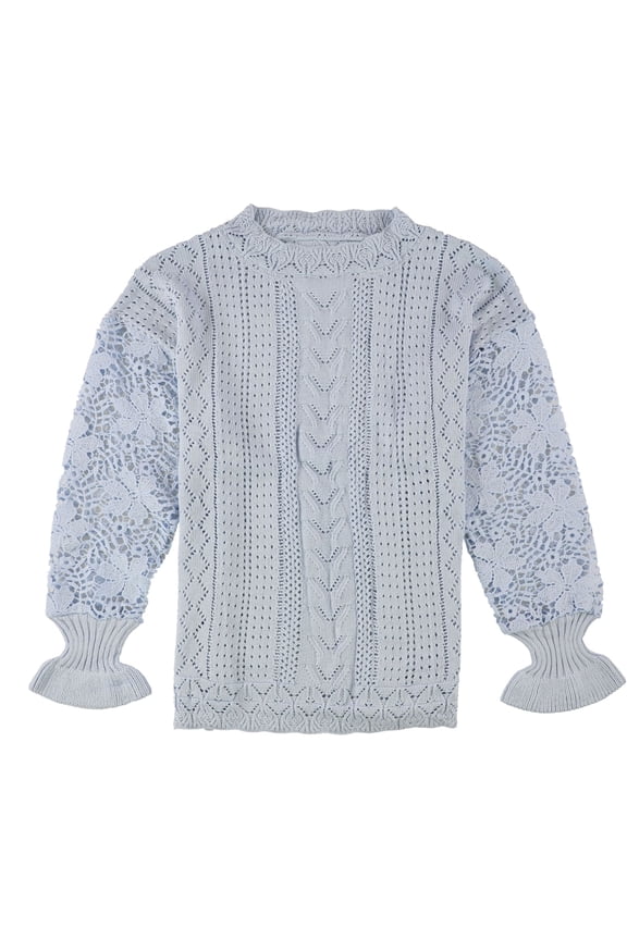 Womens Crochet Sleeve Pullover Sweater, Blue, Small