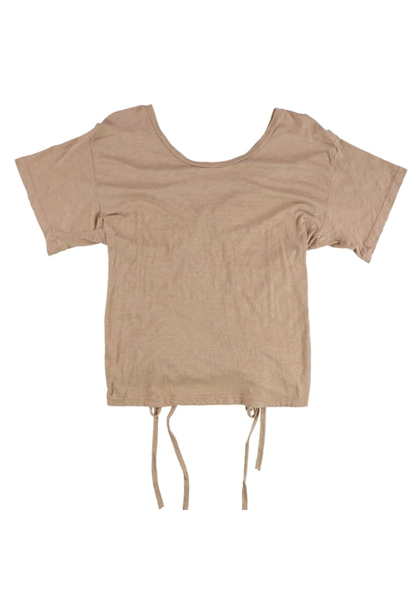 Womens Ruched Drawstring Back Embellished T-Shirt, Brown, Small