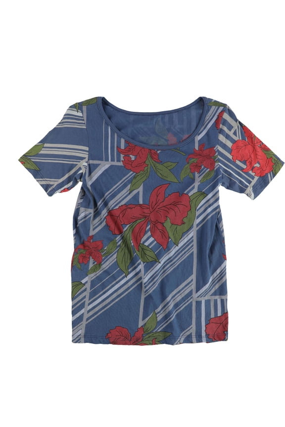 Womens Stripes Flowers Graphic T-Shirt, Blue, Medium