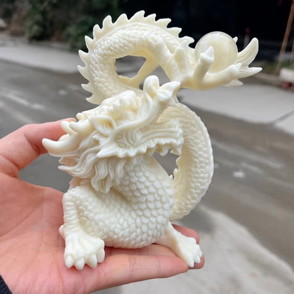 Tagua Nut gold plated Dragon Sculpture Animal Lifelike Statue, Feng Shui Dragon Statue gift Collection Figurine Wealth Home Art Decoration