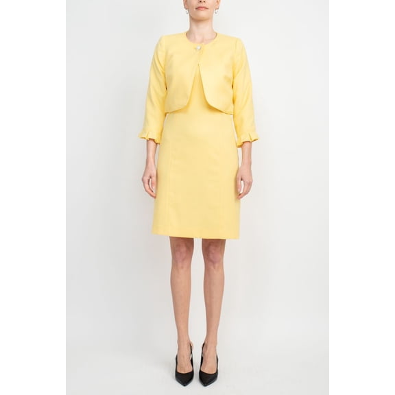 Tahari ASL Scoop Neck Sleeveless Short Dress With Matching Crew Neck 3-4 Ruffle Cuff Sleeves Jacket-BUTTER / 2