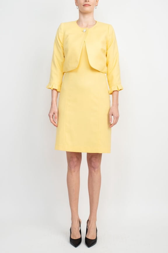 Tahari ASL Scoop Neck Sleeveless Short Dress With Matching Crew Neck 3-4 Ruffle Cuff Sleeves Jacket-BUTTER / 2