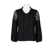 TAHARI BY ASL PANTS Tahari ASL Tie Neck Long Sleeve Lasercut Shoulder Keyhole Back Crepe Top (Petite)-IVORY / XSP