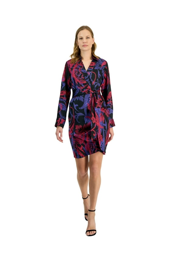 Tahari ASL Womens Printed Faux-Wrap Dress DEM643-T4 Black Cobalt 2