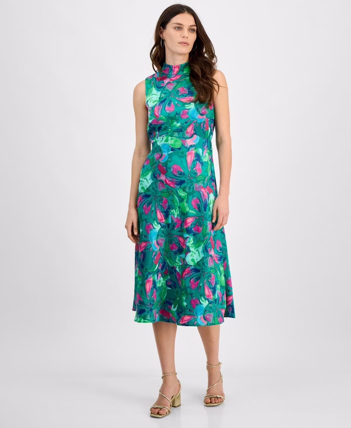 Tahari ASL Womens Sleeveless Mock Neck Midi Dress Jade Rose Size 8 NWT