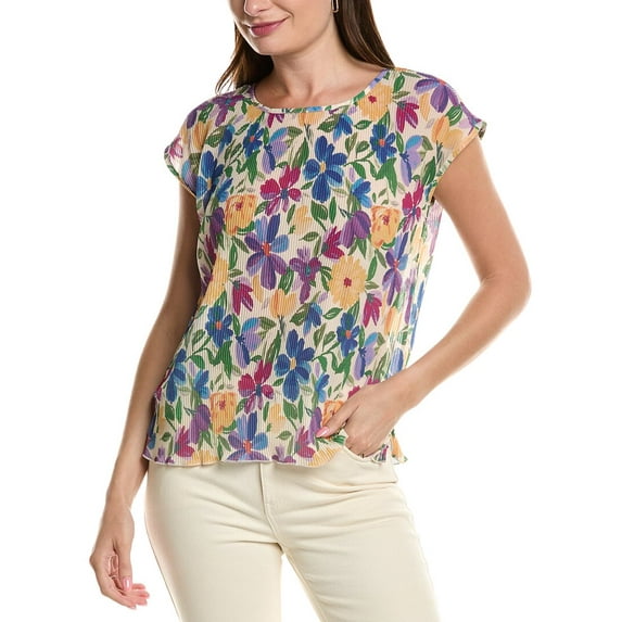 Tahari ASL womens Plisse Top, l, White
