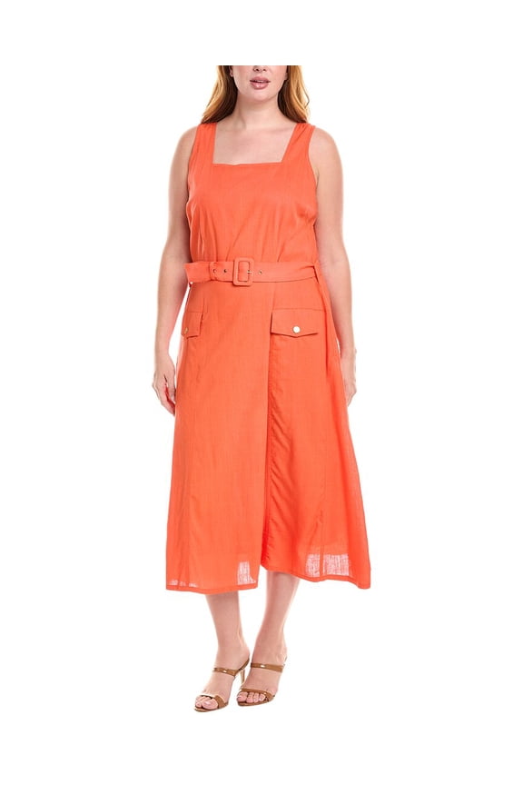 Tahari ASL womens Plus Linen-Blend Midi Dress, 16W, Orange