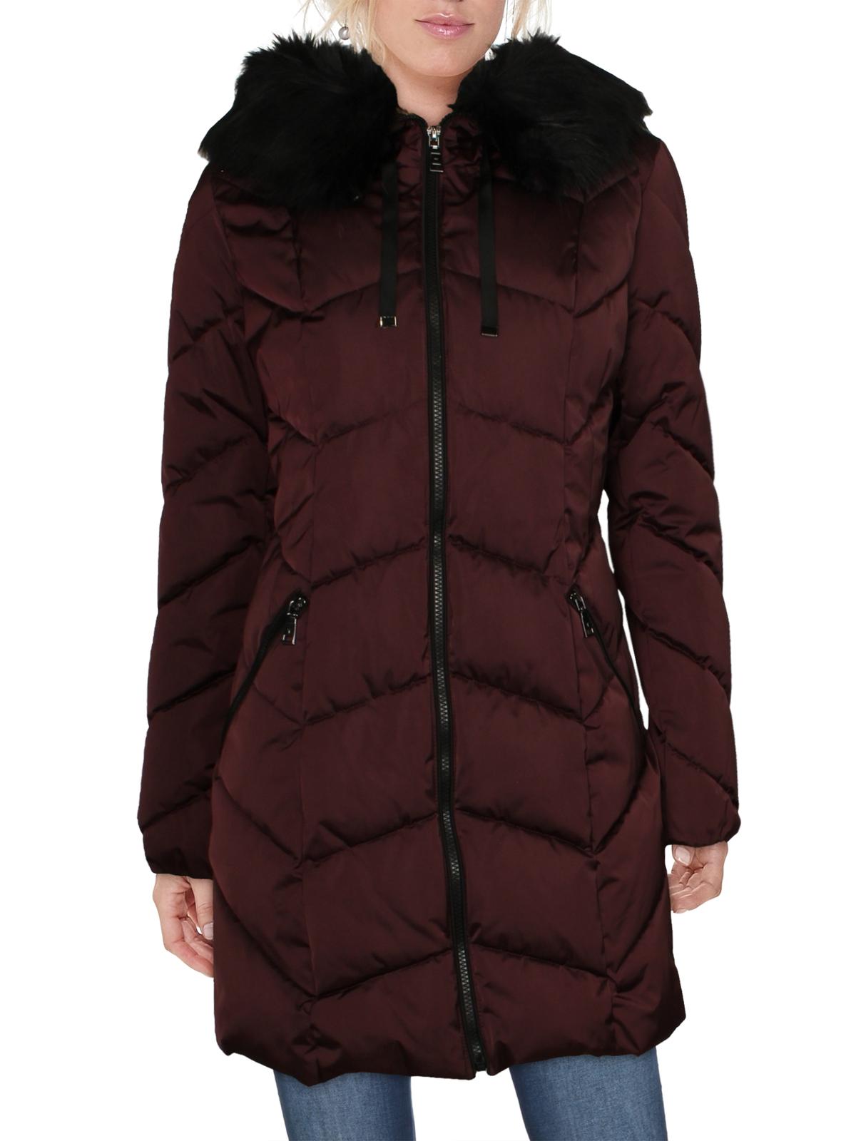 Tahari brie faux fur trim chevron quilted puffer Clearance