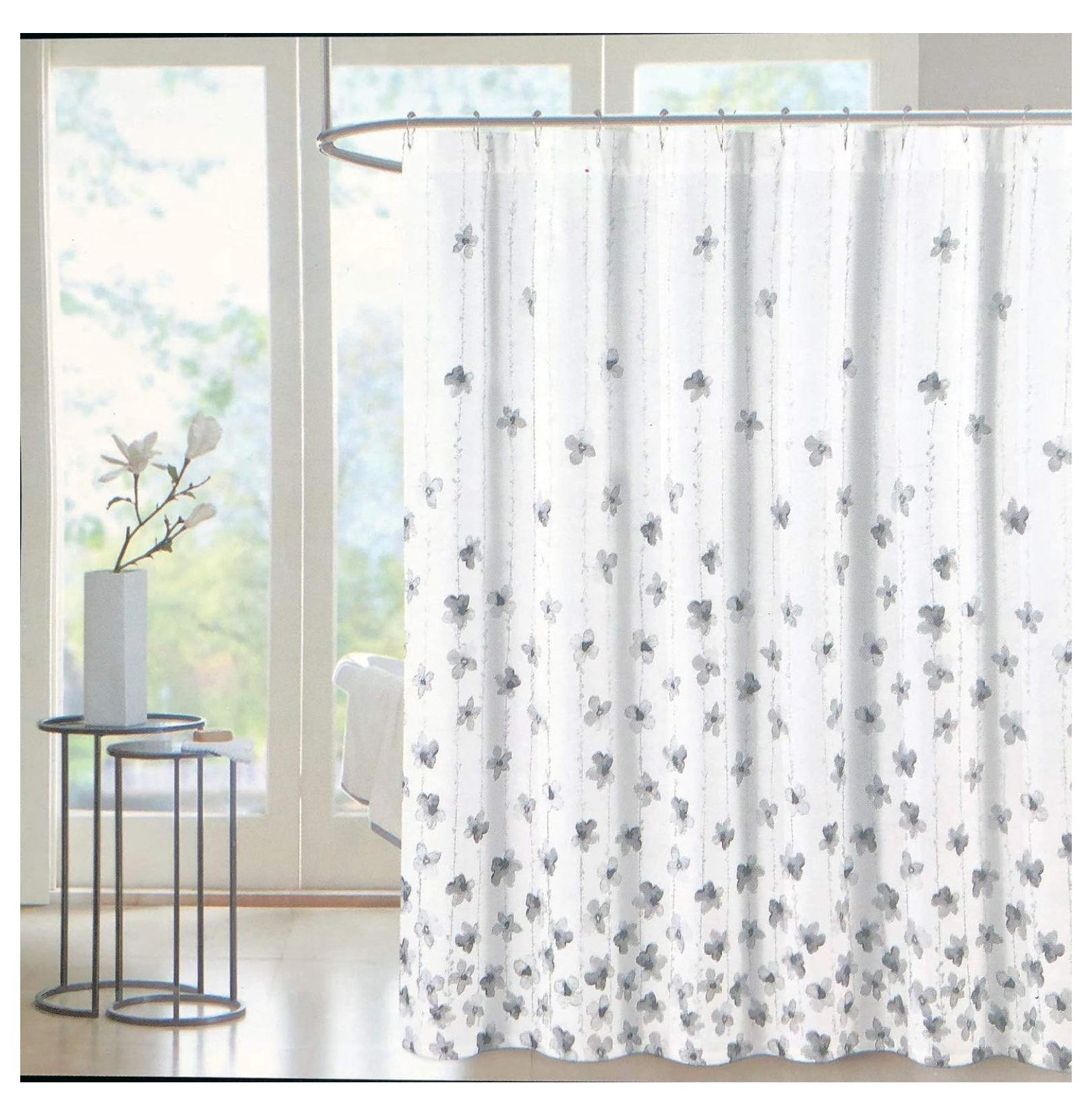 Tahari Fabric Shower Curtain Floral Vines Pattern in Shades of Gray and