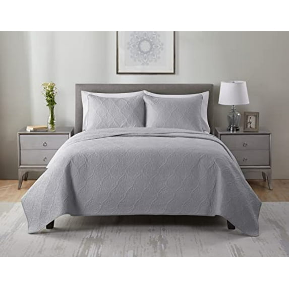 Tahari Home - Queen Quilt Set, Soft Cotton Bedding Matching Shams, Lightweight Comfort for All Seasons, Ogee Vapor Blue, Full/Queen