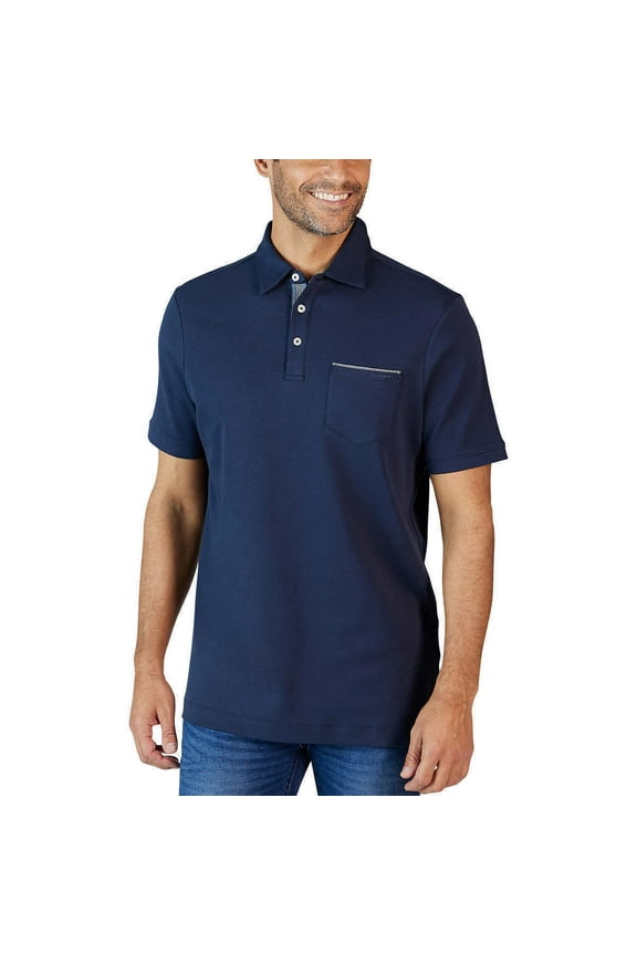 Tahari Mens Soft Knit Two Button Chambray Placket Polo, Navy, Medium