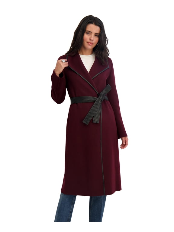 Women's Double-Faced Luxury Soft Wool Blend Long Line Wrap Coat, PU Binding Trim, Removable Belt, Cherry, M