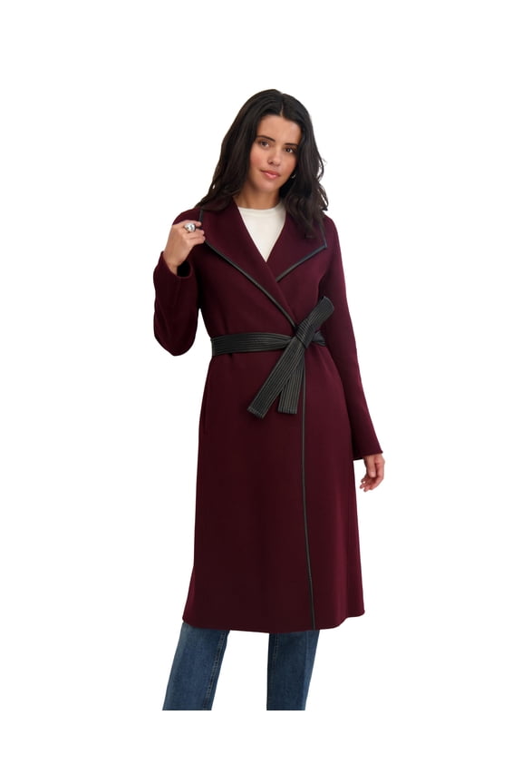Women's Double-Faced Luxury Soft Wool Blend Long Line Wrap Coat, PU Binding Trim, Removable Belt, Cherry, M