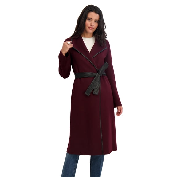 Tahari Women's Double-Faced Luxury Soft Wool Blend Long Line Wrap Coat, PU Binding Trim, Removable Belt, Cherry, XS