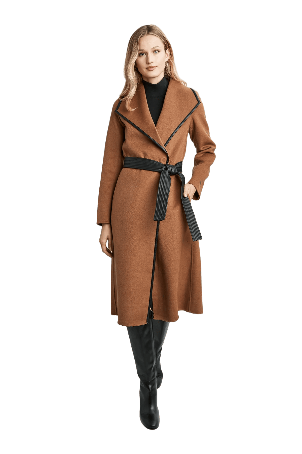 Tahari Women's Juliette Double Face Wool Belted Coat with Faux Leather Trim, Caramel, XL
