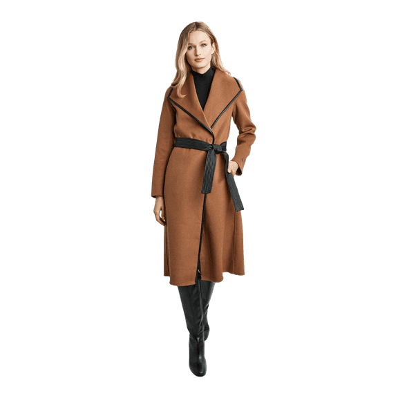 Tahari Women's Juliette Double Face Wool Belted Coat with Faux Leather Trim, Caramel, XL
