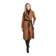 Tahari Womens Juliette Double Face Wool Belted Coat with Faux Leather Trim, Caramel, XL