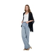 Tahari Womens Lightweight Kimono with Crochet Fringe Trim, Black
