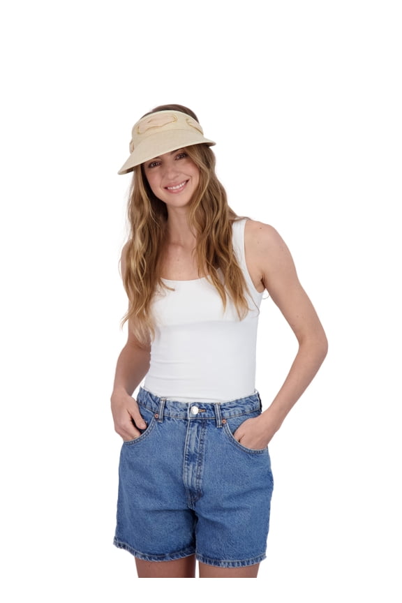 Women's Straw Visor with Eyelet and Chiffon Ribbon Trim and Back Bow, Brown,