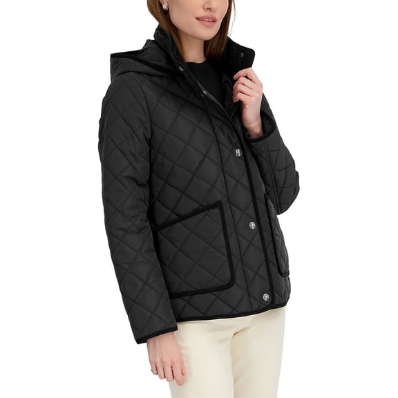 TAHARI Women's Rosie Hooded Quilted Water-Repellent Short Coat w/Detachable Hood, Black, XS