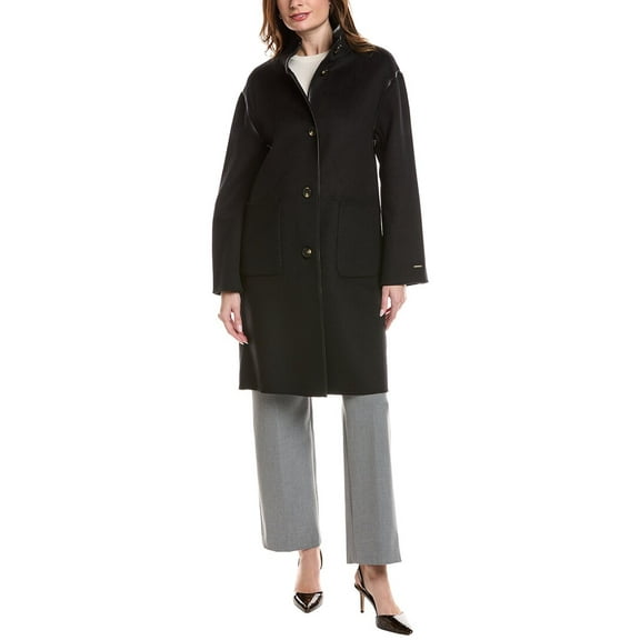 TAHARI Women's Single Breasted Soft Wool Topper Coat with PU Trim, Black, M