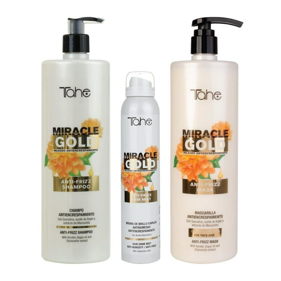 Tahe Miracle Gold Frizz Control Big Kit - Shampoo 1000ml, Mask 1000ml, Hair Shine Mist 200ml - Includes Hair Shine Mist for Ultimate Frizz Control