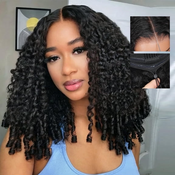 Tahikie 16 Inch 7x6 HD Lace Burmese Curly Human Hair Wig, Glueless Drawstring Wig, Pre-Cut Pre-Plucked, Bleached Knots